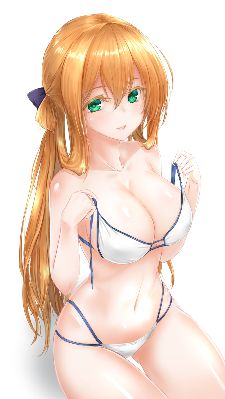 1girl bikini black_ribbon blonde_hair breasts collarbone eyebrows_visible_through_hair girls_frontline green_eyes gukukimu hair_between_eyes hair_ribbon highres large_breasts long_hair looking_at_viewer m1903_springfield_(girls_frontline) navel parted_lips ribbon shiny shiny_skin simple_background sitting smile solo swimsuit twintails untied very_long_hair white_background white_bikini