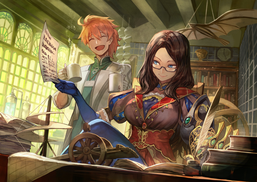 1boy 1girl :d ^_^ ^o^ ahoge black-framed_eyewear blue_eyes blue_gloves blue_legwear blue_neckwear book book_stack bookshelf breasts brown_hair chair choker clock closed_eyes closed_mouth coffee_cup cup elbow_gloves fate/grand_order fate_(series) gem glasses gloves hair_between_eyes highres holding holding_cup holding_paper indoors inkwell lack large_breasts leonardo_da_vinci_(fate/grand_order) light_particles lips long_hair long_sleeves open_book open_labcoat open_mouth orange_hair paper ponytail puffy_short_sleeves puffy_sleeves quill romani_akiman short_sleeves single_elbow_glove single_gauntlet single_glove sitting sleeves_pushed_up smile steam table tsurime under-rim_eyewear underbust upper_body water_dispenser white_gloves window