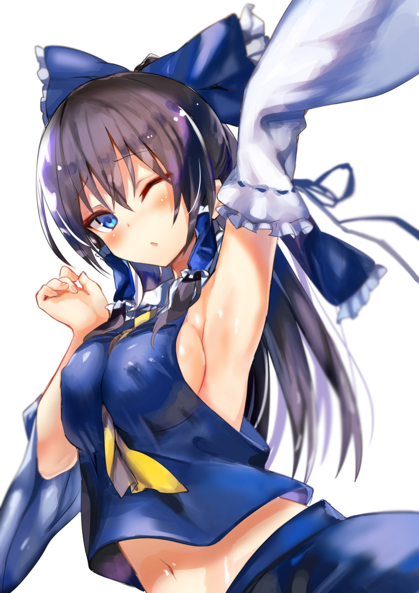 1girl ;o alternate_color amamitsu_kousuke arm_up armpits bangs bare_shoulders between_breasts black_hair blue_bow blue_eyes blue_ribbon blue_skirt blurry blush bow breast_press breasts depth_of_field detached_sleeves erect_nipples eyebrows_visible_through_hair fingernails frilled_bow frilled_sleeves frills hair_ribbon hair_tubes hakurei_reimu highres long_hair long_sleeves looking_at_viewer medium_breasts navel neckerchief no_bra one_eye_closed parted_lips ribbon ribbon-trimmed_sleeves ribbon_trim shiny shiny_hair shiny_skin sideboob skirt solo stomach sweat touhou upper_body yellow_neckwear