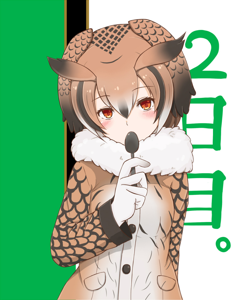1girl blush brown_coat brown_eyes brown_hair buttons coat covered_mouth eurasian_eagle_owl_(kemono_friends) eyebrows_visible_through_hair fur_collar gloves green_background hair_between_eyes head_wings highres holding holding_spoon kemono_friends long_sleeves looking_at_viewer multicolored multicolored_background multicolored_hair pocket short_hair solo spoon temari_suzu white_background white_gloves white_hair