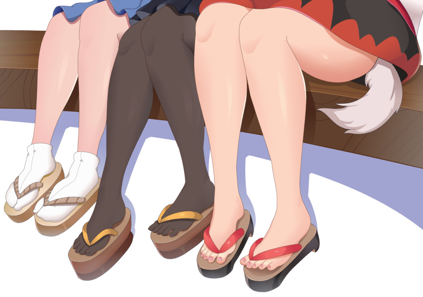 3girls absurdres black_skirt blue_skirt callmaichi feet geta highres iizunamaru_megumu inubashiri_momiji legs medium_skirt multiple_girls no_legwear pantyhose red_skirt shameimaru_aya sitting skirt tabi tail toenails toes touhou two-tone_skirt wolf_tail