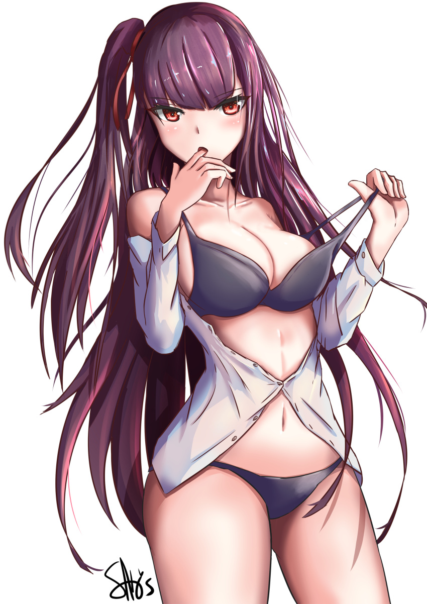 1girl :o absurdres bangs bare_shoulders black_bra black_panties blunt_bangs bra breasts cleavage collarbone cowboy_shot finger_in_mouth girls_frontline highres ichikawayan large_breasts long_hair long_sleeves looking_at_viewer navel off_shoulder one_side_up open_clothes open_mouth open_shirt panties partially_unbuttoned pulled_by_self red_eyes shirt signature simple_background solo standing straight_hair strap_pull thighs tsurime underwear very_long_hair violet_eyes wa2000_(girls_frontline) white_background white_shirt