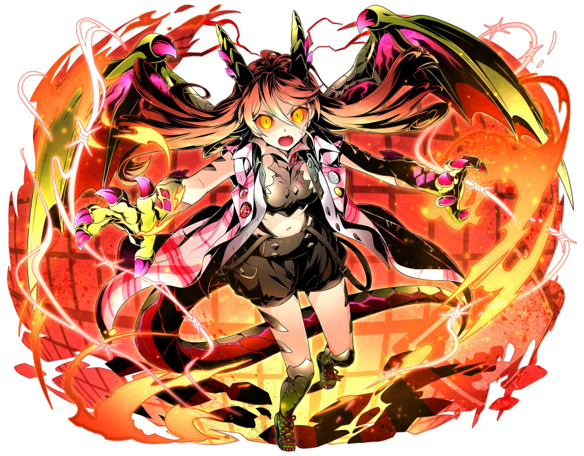 1girl black_shorts crop_top divine_gate dragon_wings fang floating_hair full_body hair_between_eyes highres horns kneehighs long_hair looking_at_viewer midriff navel open_mouth redhead short_shorts shorts simple_background slit_pupils solo stomach tail ucmm very_long_hair white_background wings yellow_eyes yellow_wings