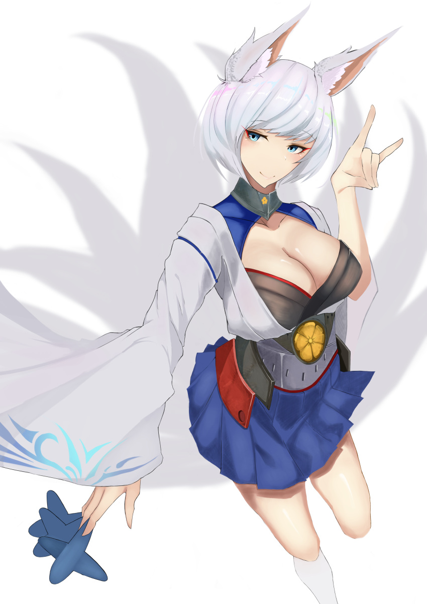 1girl absurdres animal_ears azur_lane bangs blue_eyes breasts cleavage closed_mouth cowboy_shot fox_ears fox_mask fox_tail highres japanese_clothes kaga_(azur_lane) large_breasts long_sleeves looking_at_viewer mask short_hair smile solo tail white_hair wide_sleeves yuuhi_(yuuvi83)