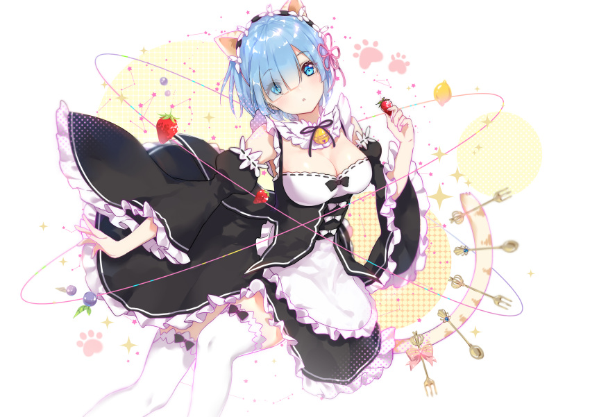 1girl absurdres animal_ears apron arms_at_sides bent_elbow blue_eyes blue_hair breasts cat_ears cleavage cutlery detached_collar detached_sleeves eyebrows_visible_through_hair food fruit hair_over_one_eye hairband head_tilt highres looking_at_viewer maid orbital_ring outstretched_arm re:zero_kara_hajimeru_isekai_seikatsu rem_(re:zero) short_hair strawberry thigh-highs white_apron white_legwear wide_sleeves yuzhi zettai_ryouiki
