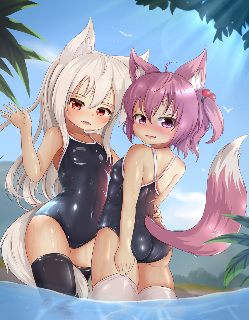 2girls absurdres animal_ears ass black_legwear competition_school_swimsuit cowboy_shot fox_ears fox_tail hair_bobbles hair_ornament highres hotel01 long_hair looking_at_viewer multiple_girls one-piece_swimsuit one_side_up open_mouth original outdoors partially_submerged pink_eyes pink_hair plant ponytail red_eyes school_swimsuit short_hair small_breasts swimsuit tail thigh-highs water waving wet white_hair white_legwear