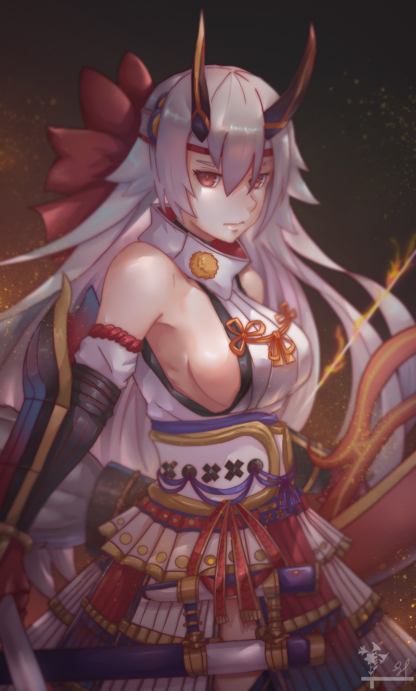1girl absurdres armor armpits bare_shoulders breasts closed_mouth cowboy_shot detached_sleeves fate/grand_order fate_(series) graphite_(medium) hair_between_eyes hair_ribbon headband highres japanese_armor japanese_clothes kote long_hair looking_at_viewer medium_breasts oni_horns red_eyes ribbon serious sideboob silver_hair solo tomoe_gozen_(fate/grand_order) traditional_media yuureiko