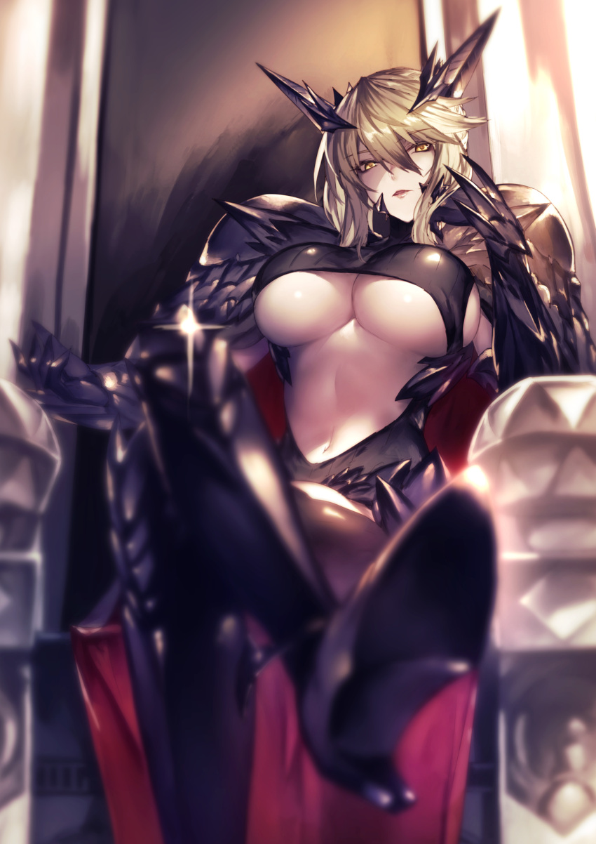 1girl absurdres armor artist_name artoria_pendragon_(all) artoria_pendragon_(lancer_alter) blonde_hair blurry blush boots braid breasts cape chair cleavage commentary_request dark_persona depth_of_field eyebrows_visible_through_hair fate/grand_order fate_(series) gauntlets hand_on_own_cheek high_heel_boots high_heels highres horns kyouya_(mukuro238) large_breasts legs_crossed lips long_hair looking_at_viewer navel open_mouth parted_lips pauldrons red_cape shiny shiny_hair short_hair sitting solo throne under_boob yellow_eyes