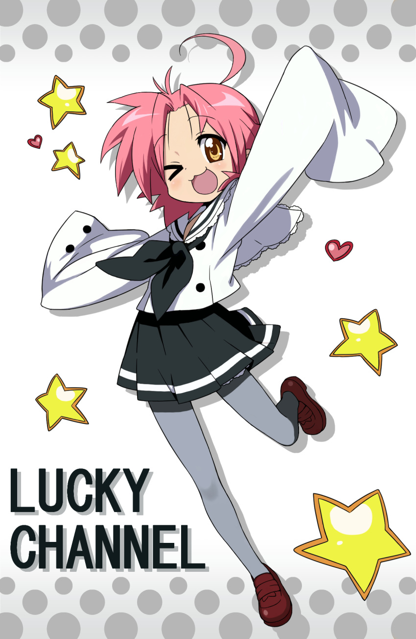1girl ;3 ;d ahoge full_body grey_legwear highres jumping kiki_(uxoia) kogami_akira loafers looking_at_viewer lucky_star official_style one_eye_closed open_mouth pantyhose pink_hair pleated_skirt sailor_collar school_uniform shoes skirt sleeves_past_wrists smile solo star yellow_eyes