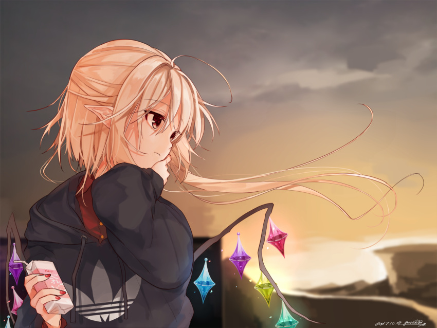 1girl adidas alternate_costume blonde_hair blurry blurry_background closed_mouth flandre_scarlet gotoh510 hood hoodie long_hair long_sleeves looking_afar nail_polish outdoors pointy_ears red_eyes red_nails solo touhou twitter_username upper_body window wings