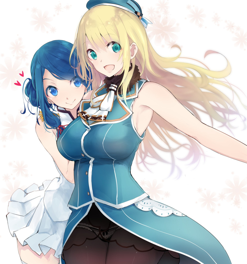 2girls :d armpits atago_(kantai_collection) bare_shoulders beret blonde_hair blue_eyes blue_hair breasts commentary_request cowboy_shot female_admiral_(kantai_collection) green_eyes hat highres kantai_collection large_breasts long_hair looking_at_viewer military military_uniform multiple_girls naval_uniform open_mouth pantyhose shirt sleeveless sleeveless_shirt smile tareme tebi_(tbd11) uniform
