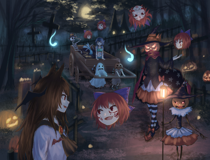 5girls animal_ears blue_bow blue_eyes bow brown_hair chen cirno commentary_request disembodied_head facial_tattoo full_moon ghost_costume glowing glowing_eyes graveyard hair_bow halloween halloween_costume hat head_wings highres hitodama ice ice_wings imaizumi_kagerou jack-o'-lantern lantern mermaid miniskirt monster_girl moon multiple_girls night night_sky orange_skirt outdoors pointy_shoes red_eyes redhead roke_(taikodon) scarecrow sekibanki shoes short_hair skeleton skirt sky smile striped striped_legwear tattoo thigh-highs tombstone touhou wagon wakasagihime wings witch_hat wolf_ears