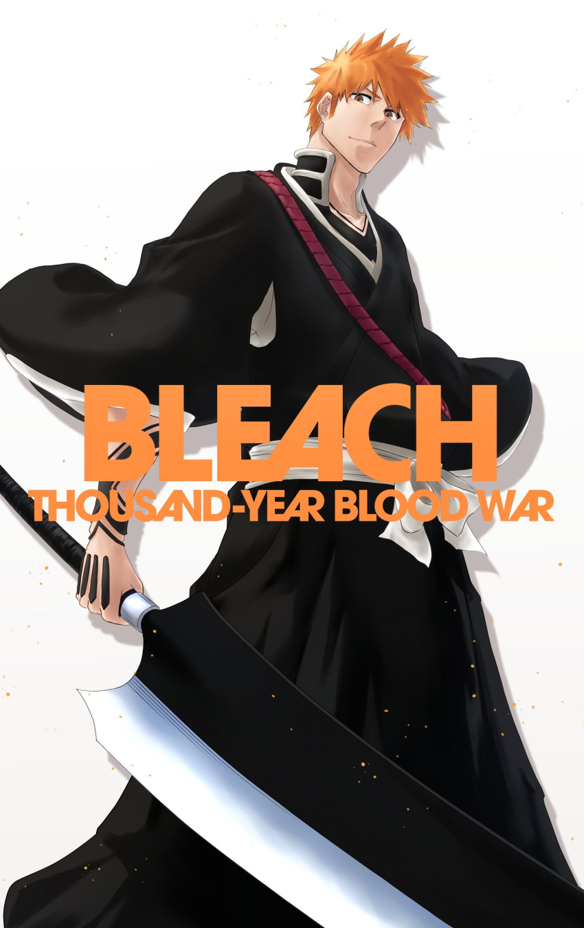 1boy absurdres black_hakama bleach bleach:_the_thousand-year_blood_war brown_eyes closed_mouth copyright_name feet_out_of_frame hakama highres holding holding_sword holding_weapon japanese_clothes kurosaki_ichigo long_sleeves looking_at_viewer male_focus mitarashi_(5333069) orange_hair short_hair solo standing sword weapon wide_sleeves