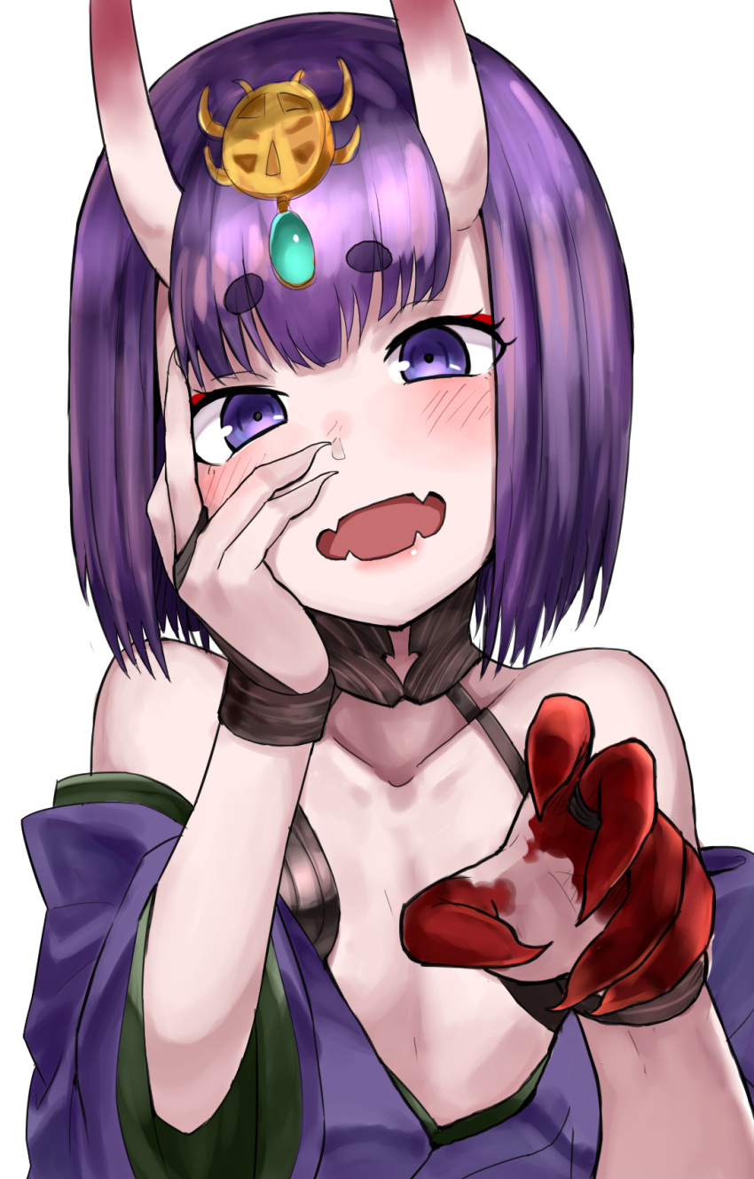 1girl bangs blood bloody_hands blush bob_cut collarbone commentary_request evil_smile eyebrows_visible_through_hair eyelashes fangs fate/grand_order fate_(series) fingernails flat_chest gem hair_ornament hand_on_own_face head_tilt highres hikimayu horns japanese_clothes kimono laughing looking_at_viewer off_shoulder okitsugu oni oni_horns open_mouth purple_hair sharp_fingernails short_hair shuten_douji_(fate/grand_order) simple_background smile solo upper_body violet_eyes white_background