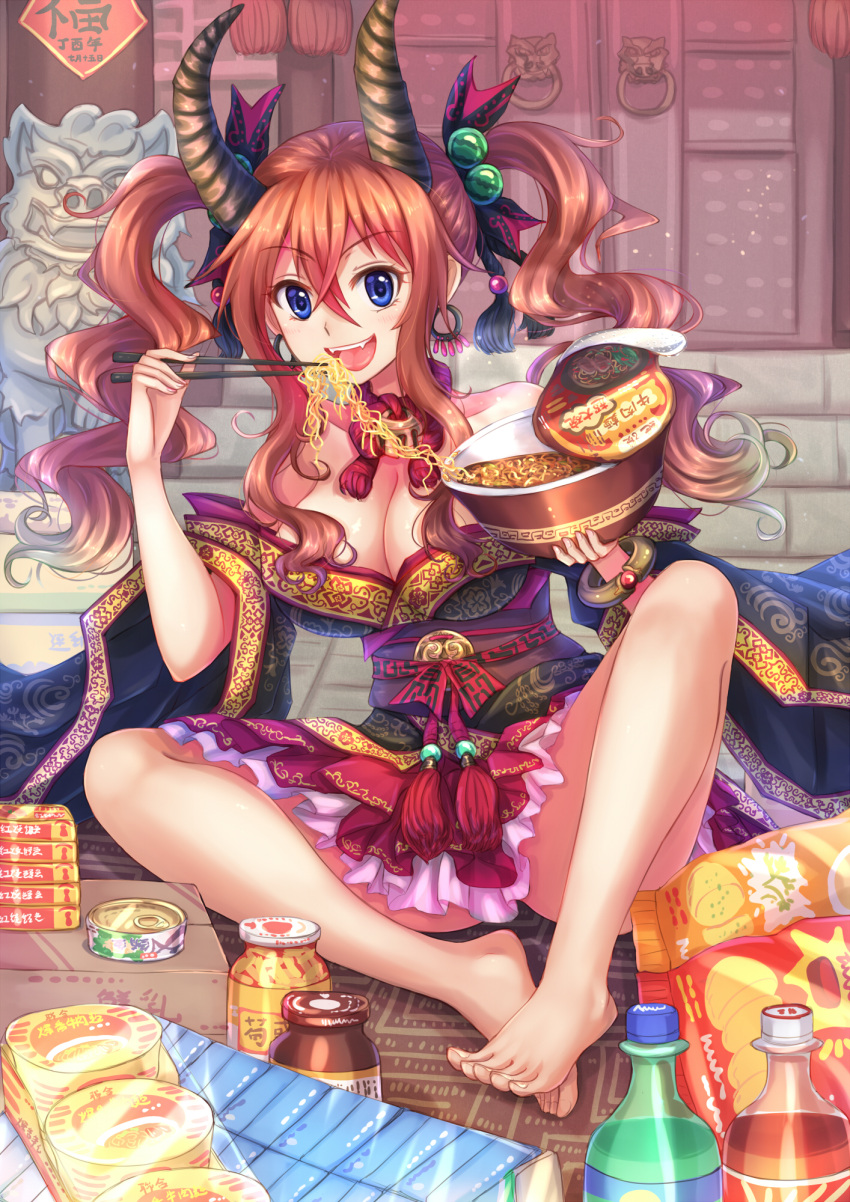 1girl :d bare_shoulders barefoot blue_eyes blush breasts can canned_food chips cleavage detached_sleeves earrings eating fangs feet food hair_between_eyes hair_bobbles hair_ornament hair_ribbon highres instant_ramen jam jewelry large_breasts long_hair looking_at_viewer noodles obi open_mouth orange_hair original potato_chips ramen ribbon sash sitting smile snack solo suikakitsu_shiro twintails wavy_hair wide_sleeves xia_you_qing