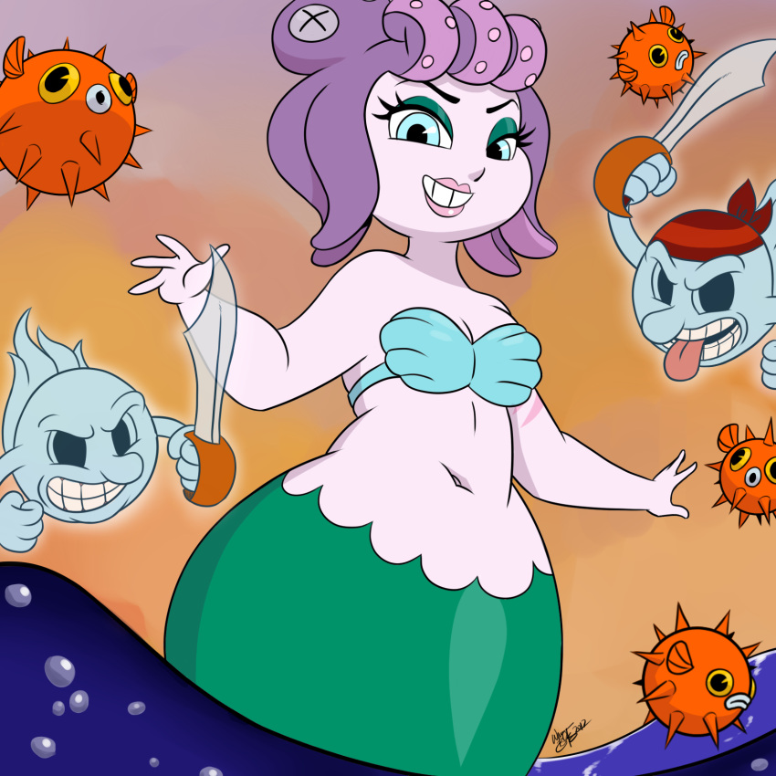 1girl belly blue_eyes blush breasts cala_maria_(cuphead) cuphead_(game) curvy game ghost grin highres hips looking_at_viewer mermaid monster_girl navel octopus open_mouth pinup plump puffer_fish purple_hair simple_background small_breasts smile teeth tentacle_hair warren_blakely wide_hips