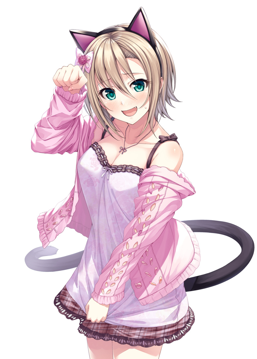 1girl animal_ears arm_up bangs bare_shoulders blonde_hair blush bow breasts brown_skirt camisole cardigan cat_ears cat_tail cleavage collarbone cowboy_shot eyebrows_visible_through_hair fake_animal_ears fang green_eyes hair_between_eyes hair_bow hasumi_(hasubatake39) highres idolmaster idolmaster_cinderella_girls jewelry looking_at_viewer medium_breasts necklace open_cardigan open_clothes open_mouth paw_pose pink_bow plaid plaid_skirt short_hair simple_background skirt smile solo sweatdrop tada_riina tail white_background