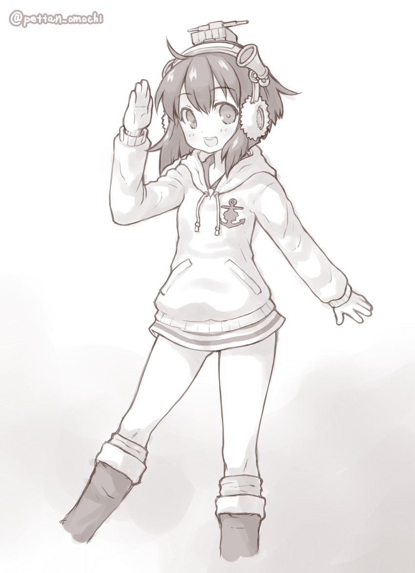 1girl anchor_symbol greyscale headgear headset highres hood hooded_dress hoodie kantai_collection kneehights looking_at_viewer monochrome neckerchief omochi_(pettan_omochi) open_mouth salute short_hair smile solo speaking_tube_headset twitter_username upper_teeth yukikaze_(kantai_collection)