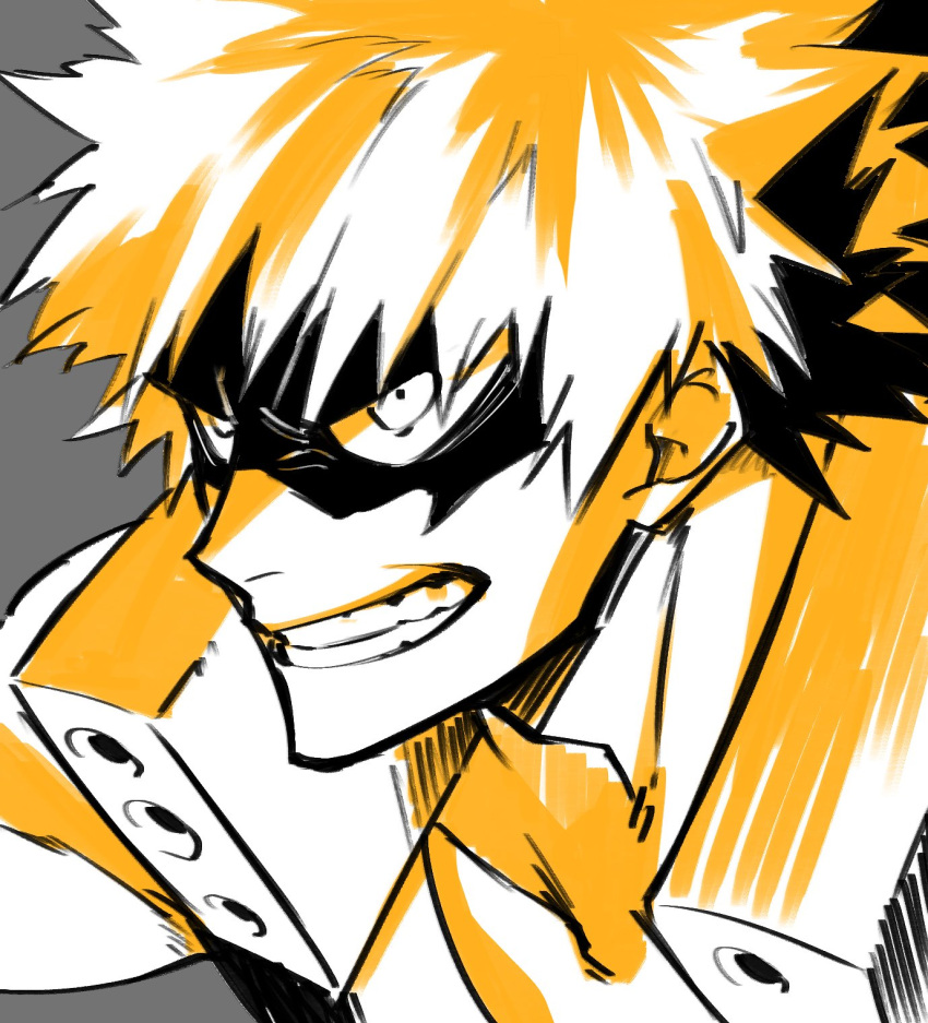 1boy bakugou_katsuki boku_no_hero_academia clenched_teeth close-up commentary_request evil_grin evil_smile grey_background grin highres looking_at_viewer male_focus monochrome simple_background smile solo teeth uniform westxost_(68monkey) yellow