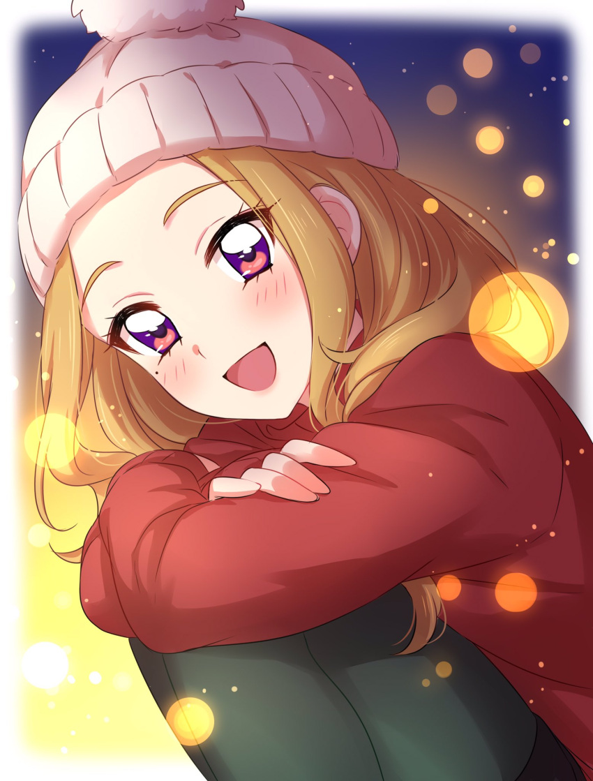 1girl :d aikatsu! beanie black_legwear blonde_hair blush commentary_request crossed_arms eyebrows_visible_through_hair from_side hat highres jacket lens_flare lens_flare_abuse light_particles long_hair mole mole_under_eye natsuki_mikuru open_mouth pantyhose red_jacket sekina smile solo squatting violet_eyes