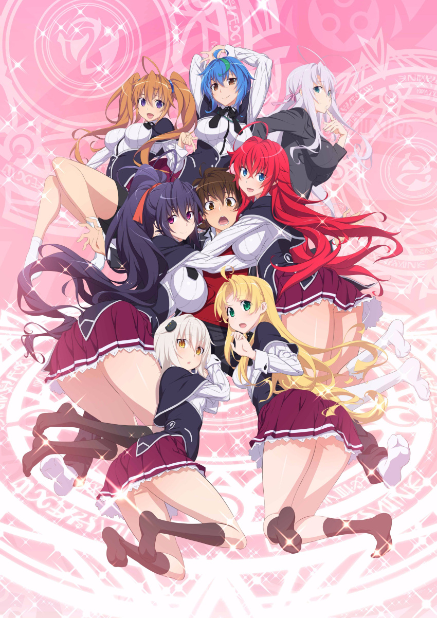 1boy 6+girls :d absurdres ahoge antenna_hair arms_up asia_argento bent_over black_hair black_legwear blonde_hair breasts brown_eyes brown_hair capelet closed_mouth finger_to_mouth green_eyes hair_between_eyes hair_ornament hair_ribbon harem high_school_dxd highres himejima_akeno hyoudou_issei kneehighs large_breasts lavender_hair long_hair looking_at_viewer medium_breasts multicolored_hair multiple_girls official_art open_mouth pleated_skirt ponytail redhead rias_gremory ribbon rossweisse school_uniform shidou_irina short_hair skirt small_breasts smile socks streaked_hair toujou_koneko twintails underbust uno_makoto violet_eyes white_hair white_legwear xenovia_(high_school_dxd) yellow_eyes