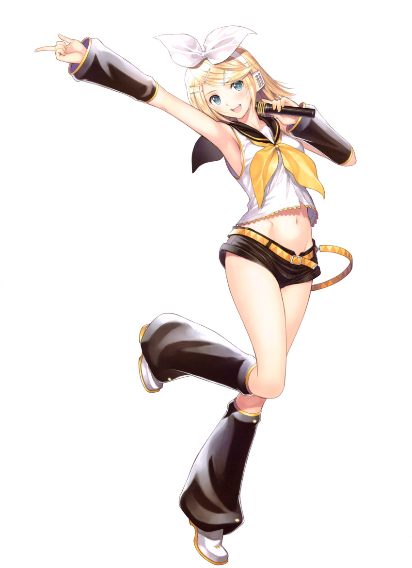 1girl absurdres armpits bangs belt blonde_hair blue_eyes blush detached_sleeves eyebrows_visible_through_hair female full_body hair_ornament hairclip headphones headset highres holding holding_microphone kagamine_rin leg_warmers looking_at_viewer microphone midriff navel neckerchief one_leg_raised open_mouth sailor_collar scan shirt shoes short_hair short_shorts shorts sleeveless sleeveless_shirt smile solo standing tanaka_takayuki vocaloid yellow_neckerchief