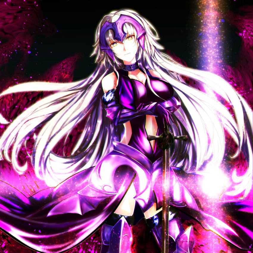 1girl bangs bare_shoulders black_gloves boots breasts capelet chains closed_mouth cowboy_shot elbow_gloves fate/grand_order fate_(series) fur_trim gauntlets gloves headpiece highres jeanne_alter long_hair looking_at_viewer medium_breasts otsunabe_(naabe_delta) ruler_(fate/apocrypha) silver_hair smile solo sword thigh-highs thigh_boots very_long_hair weapon yellow_eyes