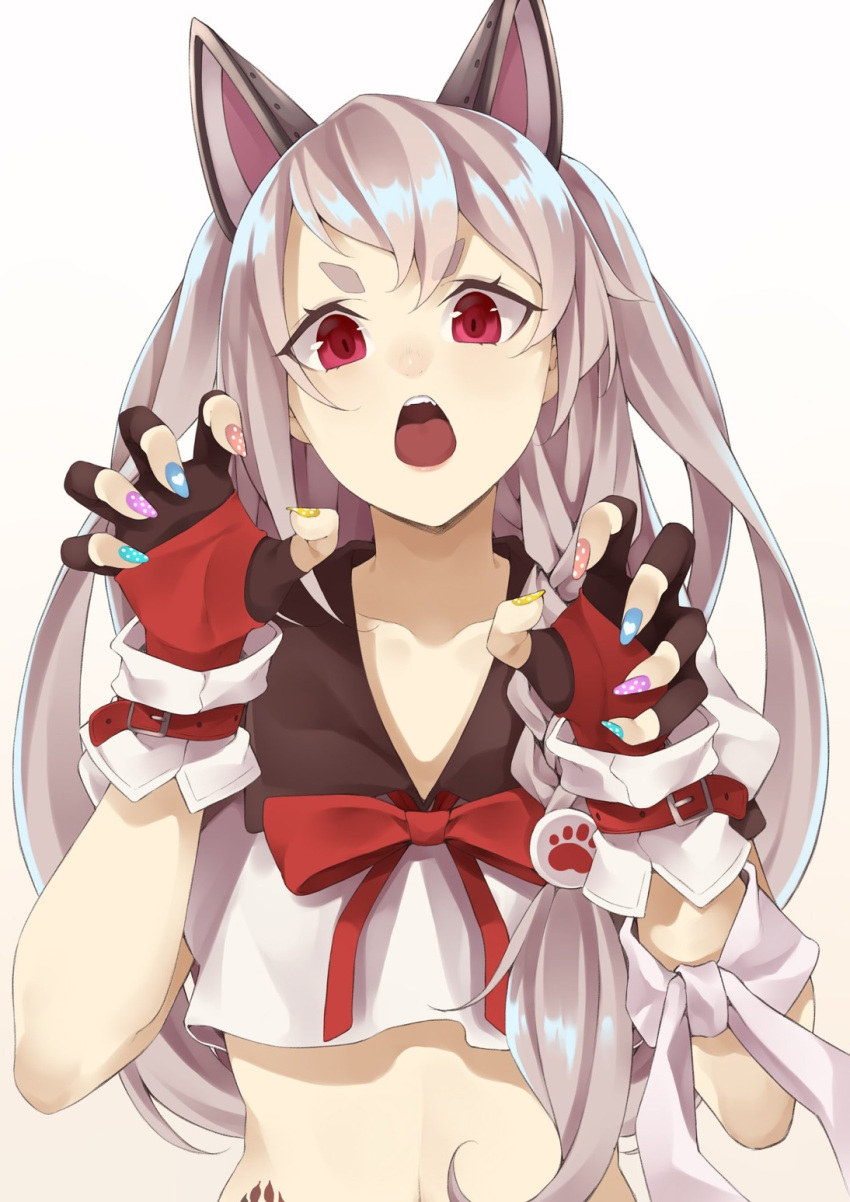 1girl animal_ears azur_lane commentary_request e_draw_paint fingerless_gloves gloves highres long_hair looking_at_viewer nail_polish open_mouth paw_pose red_eyes school_uniform serafuku silver_hair simple_background upper_body white_background yuudachi_(azur_lane)