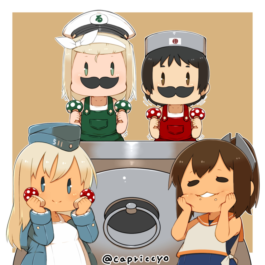4girls alternate_costume black_hair blonde_hair blue_eyes brown_eyes brown_hair capriccyo chibi commentary_request cosplay cropped_jacket fake_mustache garrison_cap goggles goggles_on_head green_eyes hair_ornament hairband hairclip hand_on_own_cheek hat highres holding_mushroom i-401_(kantai_collection) kantai_collection long_hair looking_at_viewer luigi luigi_(cosplay) luigi_torelli_(kantai_collection) mario mario_(cosplay) super_mario_bros. maru-yu_(kantai_collection) multiple_girls mushroom nameko_(osawari_tantei) osawari_tantei overalls peaked_cap ponytail sailor_collar school_swimsuit shirt short_hair smile super_mario_bros. swimsuit tan twitter_username u-511_(kantai_collection) white_hairband white_school_swimsuit white_shirt white_swimsuit