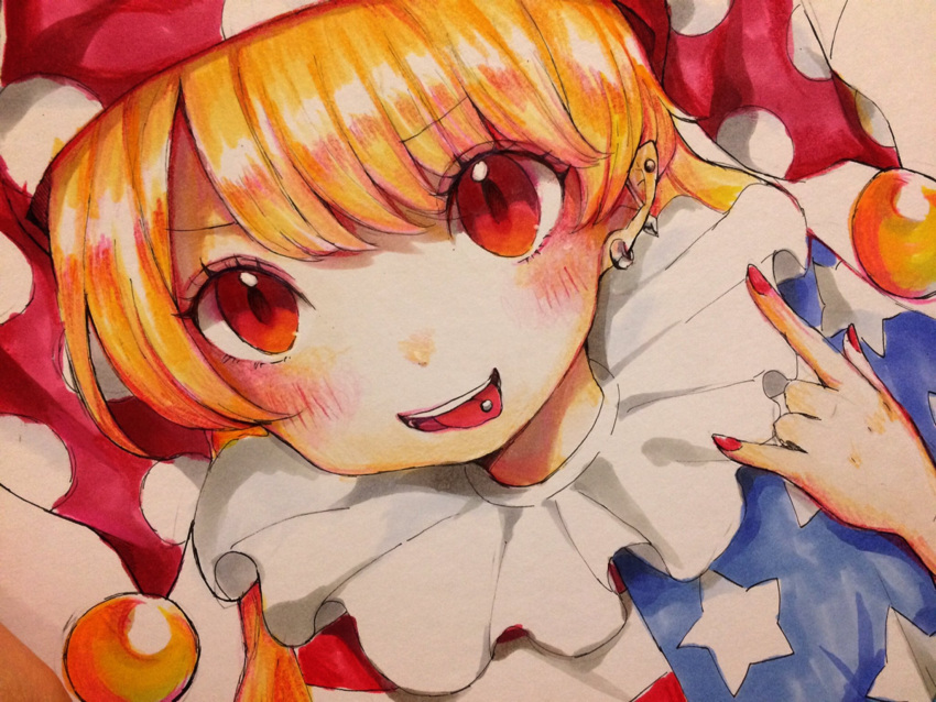 1girl \m/ bangs blush close-up clownpiece ear_piercing earrings hat highres jester_cap jewelry long_hair looking_at_viewer nail_polish neck_ruff orange_hair piercing polka_dot red_eyes red_nails scan smile solo tongue tongue_out tongue_piercing touhou traditional_media udon0513 upper_body