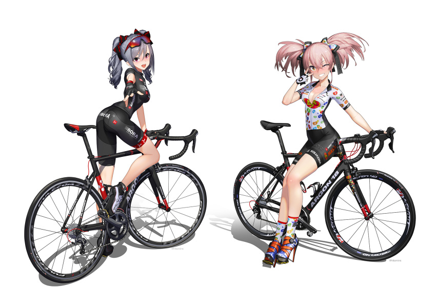 2girls :d ass bicycle bike_jersey black_gloves blush bow breasts drill_hair eyewear_on_head fingerless_gloves full_body gloves ground_vehicle hair_bow high_heels highres hitomi_kazuya idolmaster idolmaster_cinderella_girls jougasaki_mika kanzaki_ranko looking_at_viewer medium_breasts multiple_girls one_eye_closed open_mouth pink_hair red_eyes shoes silver_hair simple_background sitting smile sunglasses twin_drills twintails v v_over_eye white_background yellow_eyes