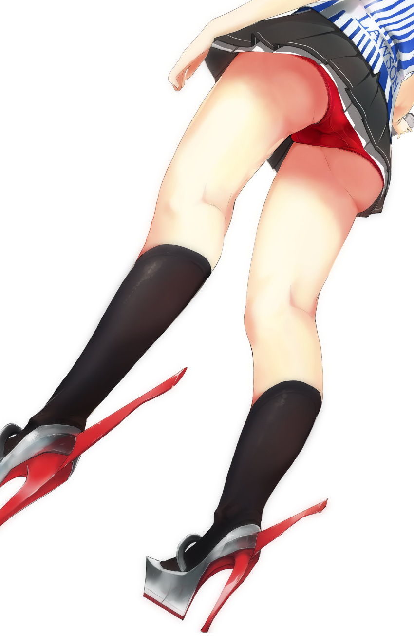 1girl absurdres arm_at_side ass barcode_scanner black_legwear black_skirt blue_shirt close-up clothes_writing dutch_angle from_behind grey_footwear high_heels highres holding isaka_wasabi kantai_collection kashima_(kantai_collection) kneehighs kneepits lawson legs legs_apart miniskirt multicolored multicolored_clothes multicolored_shirt panties pleated_skirt red_panties rudder_shoes scanner shirt simple_background skirt solo striped striped_shirt underwear upskirt vertical-striped_shirt vertical_stripes white_background white_shirt