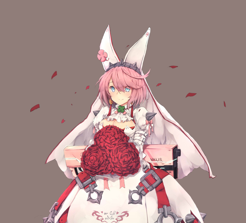 1girl absurdres ahokoo arm_belt bangs belt belt_buckle blue_eyes bouquet bow breasts buckle cleavage cleavage_cutout clover cowboy_shot dress elphelt_valentine flower four-leaf_clover girls_frontline grey_background guilty_gear guilty_gear_xrd gun highres holding holding_bouquet juliet_sleeves large_breasts long_sleeves looking_at_viewer petals pink_hair puffy_sleeves red_rose rose short_hair shoulder_spikes simple_background smile solo spiked_hairband spikes veil weapon weapon_on_back white_dress
