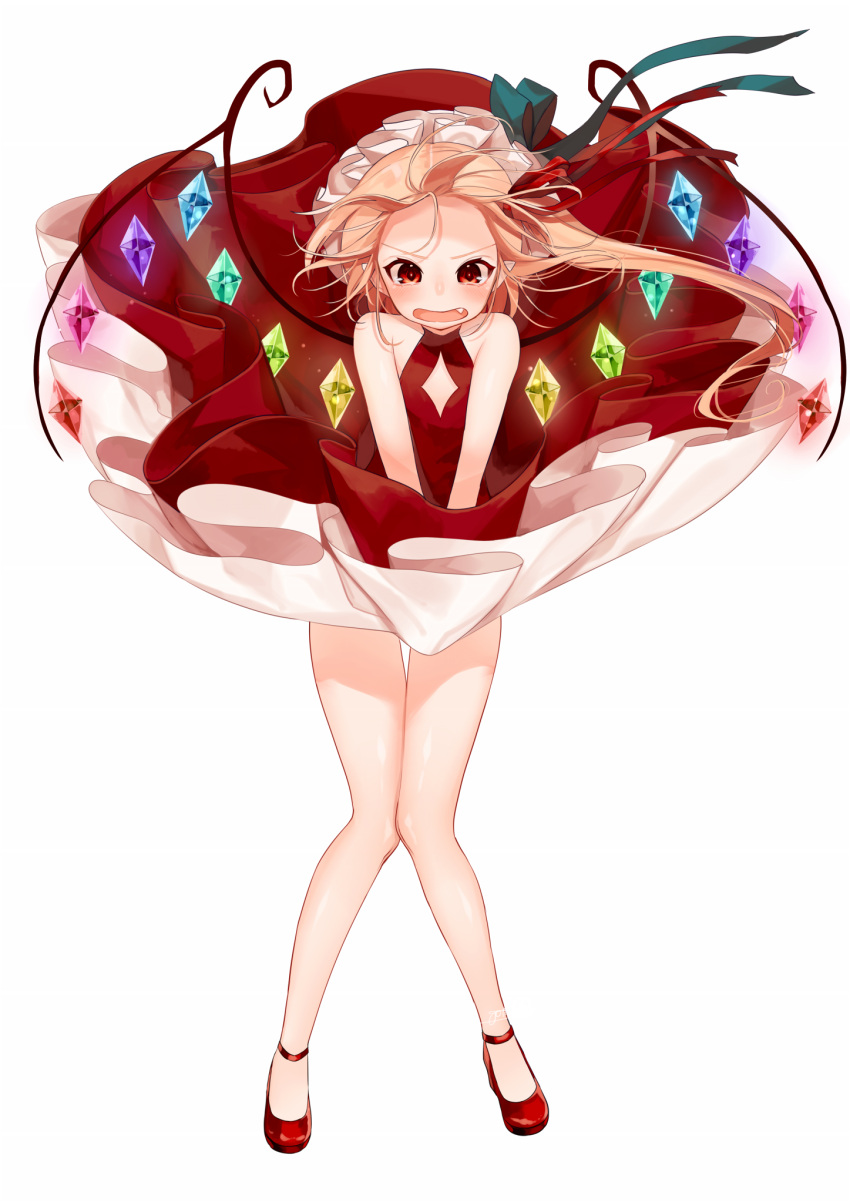 1girl bare_arms bare_legs bare_shoulders blonde_hair dress dress_tug facial_mark fang flandre_scarlet forehead_mark full_body gotoh510 hair_ribbon hat hat_ribbon highres knees_together_feet_apart long_hair mob_cap open_mouth red_dress red_eyes red_footwear red_ribbon ribbon shoes side_ponytail solo standing touhou v_arms white_hat wind wind_lift wings