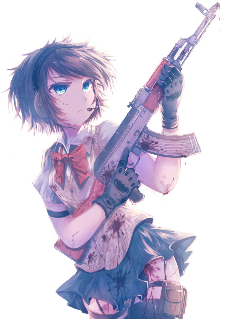 1girl ak-47 assault_rifle black_gloves black_skirt blood blood_on_face bloody_clothes blue_eyes brown_hair closed_mouth deep_(deep4946) eyebrows gloves gun headset highres holding holding_gun holding_weapon looking_away original rifle short_hair skirt solo weapon