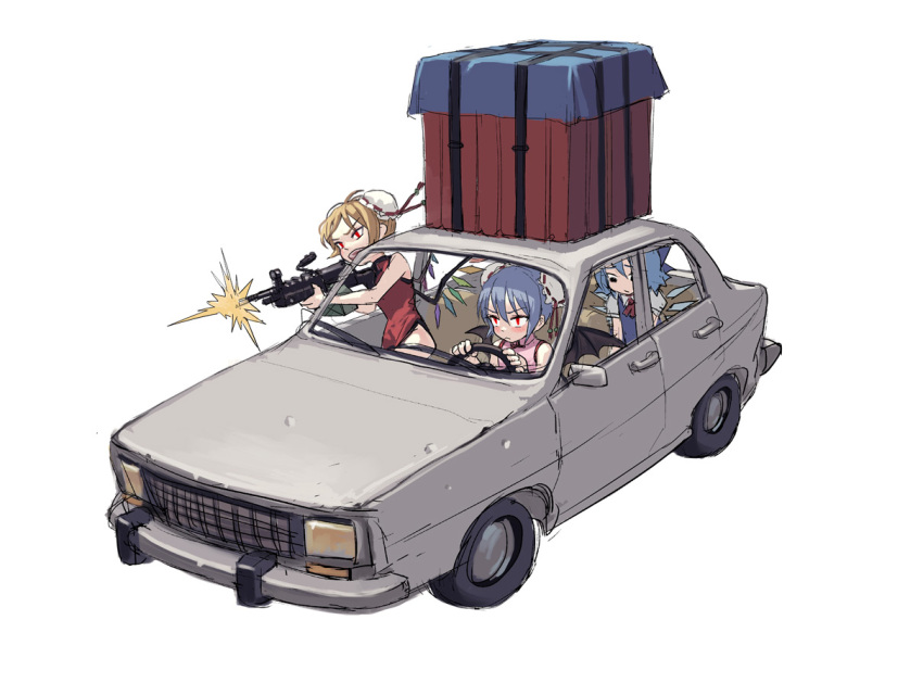 3girls bare_legs bat_wings black_dress blonde_hair blue_bow blue_dress blue_hair bow bun_cover car china_dress chinese_clothes cirno dress driving firing fkey flandre_scarlet ground_vehicle gun hair_bow holding holding_gun holding_weapon ice ice_wings machine_gun motor_vehicle multiple_girls no_panties pink_dress playerunknown's_battlegrounds red_eyes red_ribbon remilia_scarlet ribbon ribbon_trim rifle simple_background sitting touhou weapon wings