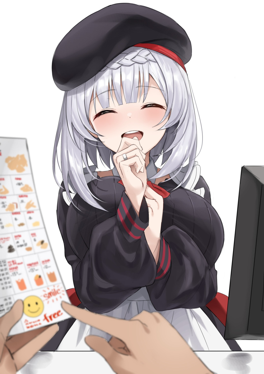 1girl ^_^ ^o^ absurdres apron bangs blunt_bangs blush braid breasts cabbie_hat closed_eyes employee_uniform fast_food_uniform genshin_impact grey_hair happy hat highres huge_breasts long_sleeves looking_at_viewer noelle_(genshin_impact) open_mouth paper pointing red_neckwear shengtian short_hair simple_background smile solo_focus uniform white_background