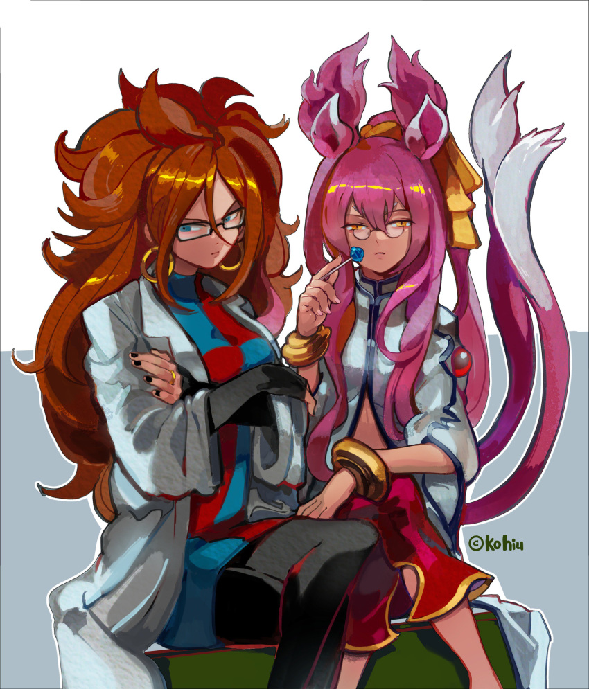 2girls absurdres android android_21 animal_ears bags_under_eyes bare_shoulders black-framed_eyewear blazblue blue_eyes breasts candy cat_ears cat_tail curly_hair detached_sleeves dragon_ball dragon_ball_fighterz dress earrings food glasses highres hoop_earrings jewelry kohiu kokonoe lollipop long_hair multiple_girls nail_polish pince-nez pink_hair ponytail redhead tail two_side_up yellow_eyes