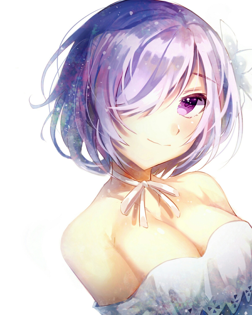 1girl bare_shoulders blush breasts cleavage closed_mouth deep_(deep4946) dress eyebrows_visible_through_hair fate/grand_order fate_(series) hair_over_one_eye highres looking_at_viewer medium_breasts purple_hair shielder_(fate/grand_order) short_hair smile solo upper_body violet_eyes white_dress