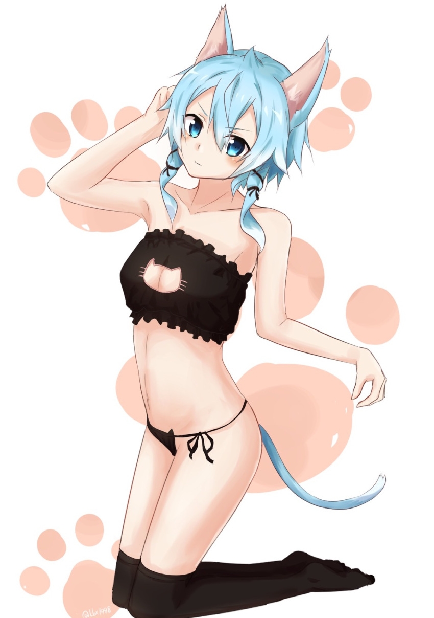 1girl animal_ears arm_up bandeau bangs bare_arms bare_shoulders black_bra black_legwear black_panties black_ribbon blue_eyes blue_hair blush bra breasts cat_ears cat_girl cat_lingerie cat_tail cleavage closed_mouth collarbone commentary_request eyebrows_visible_through_hair frilled_bra frills hair_between_eyes hair_ribbon head_tilt highres kneeling liebe long_hair looking_at_viewer medium_breasts meme_attire navel over-kneehighs panties paw_background ribbon shinon_(sao) side-tie_panties solo strapless strapless_bra sword_art_online tail thigh-highs twitter_username underwear underwear_only v-shaped_eyebrows white_background