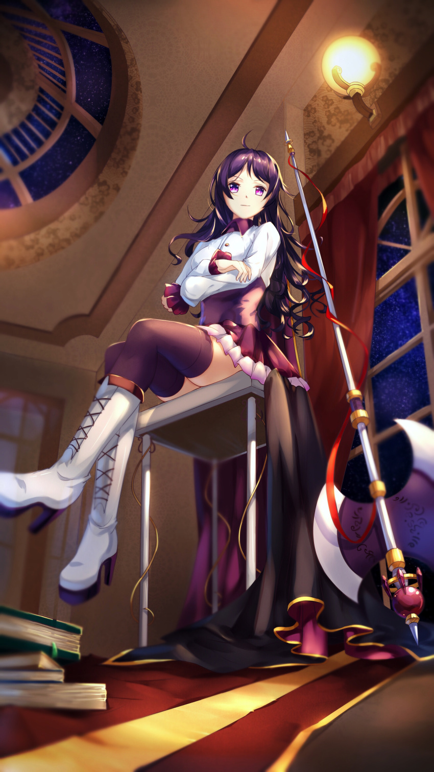 1girl absurdres ahoge axe black_legwear boots breasts chair closed_mouth crossed_arms eyebrows_visible_through_hair high_heel_boots high_heels highres indoors knee_boots long_hair looking_at_viewer luo_qingyu medium_breasts night original purple_hair red_skirt sitting skirt sky solo star_(sky) starry_sky thigh-highs violet_eyes weapon white_footwear window
