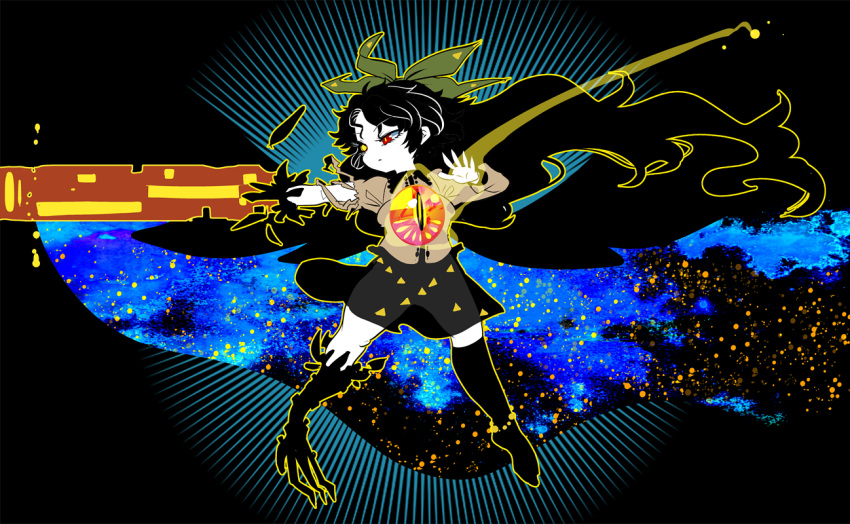 1girl arm_cannon black_hair black_skirt black_wings bow cape commentary_request full_body green_bow hair_bow heterochromia long_hair miniskirt red_eyes reiuji_utsuho see-through shirt skirt solo third_eye torn_clothes torn_shirt touhou very_long_hair weapon wings yellow_eyes yt_(wai-tei)