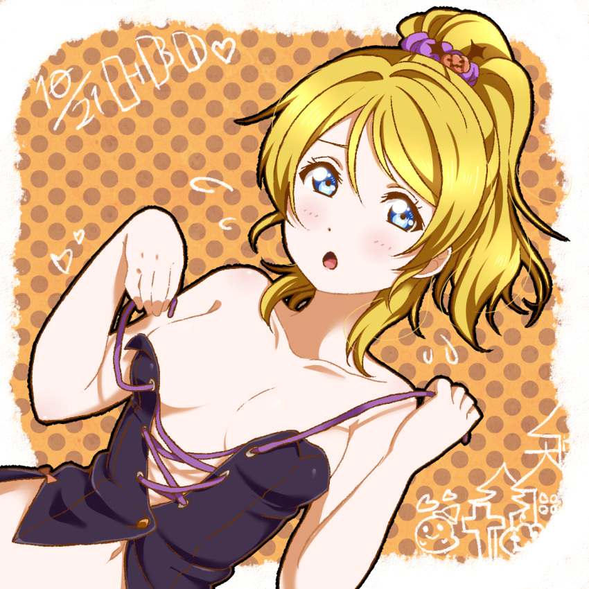 1girl :o ayase_eli bangs bare_arms bare_shoulders blonde_hair blue_eyes blush breasts breasts_apart collarbone corset flying_sweatdrops food_themed_hair_ornament hair_ornament hair_scrunchie happy_birthday heart highres looking_at_viewer love_live! love_live!_school_idol_project navel open_mouth polka_dot polka_dot_background ponytail pumpkin_hair_ornament scrunchie sidelocks small_breasts sooki stomach swept_bangs tareme undressing upper_body