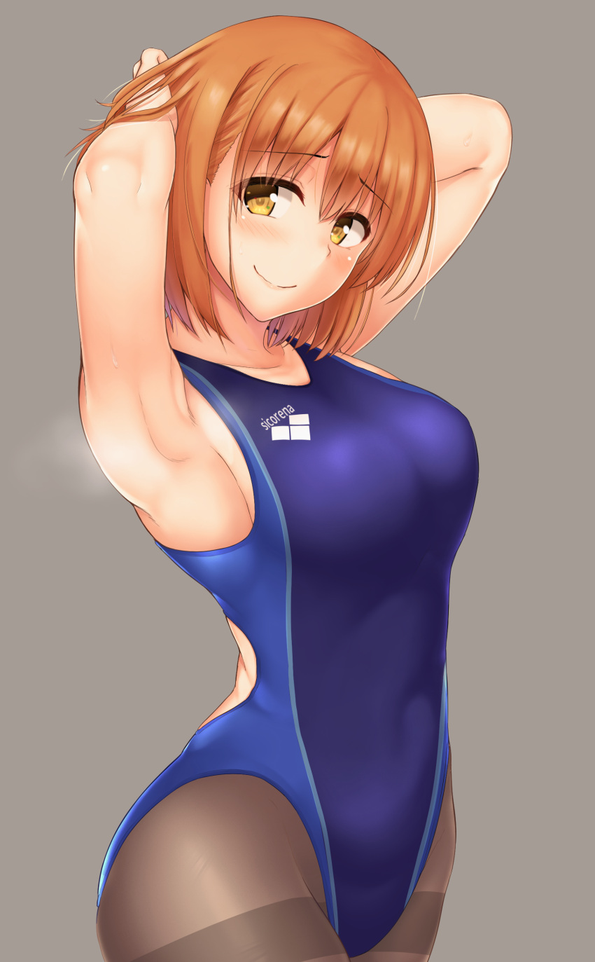 1girl absurdres adjusting_hair armpits arms_behind_head arms_up bangs bare_arms bare_shoulders black_legwear blue_swimsuit blush breasts closed_mouth clothes_writing competition_swimsuit cowboy_shot eyebrows_visible_through_hair from_side grey_background highres looking_at_viewer looking_to_the_side medium_breasts one-piece_swimsuit original pantyhose satosi short_hair simple_background solo standing steaming_body swimsuit tareme thighband_pantyhose