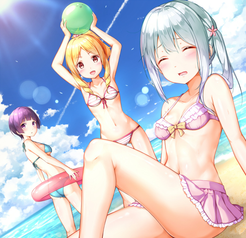 3girls ^_^ arms_up ass ball bangs beach beachball bikini bikini_skirt blonde_hair blue_bikini blue_sky breasts brown_eyes closed_eyes clouds cloudy_sky condensation_trail dutch_angle eromanga_sensei eyebrows_visible_through_hair halter_top halterneck horizon innertube izumi_sagiri knee_up long_hair miniskirt multiple_girls na53 navel open_mouth outdoors pink_bikini pink_skirt pleated_skirt ponytail purple_hair senju_muramasa short_hair side_ponytail sidelocks sitting skirt sky small_breasts smile standing striped striped_bikini swimsuit thighs white_bikini yamada_elf