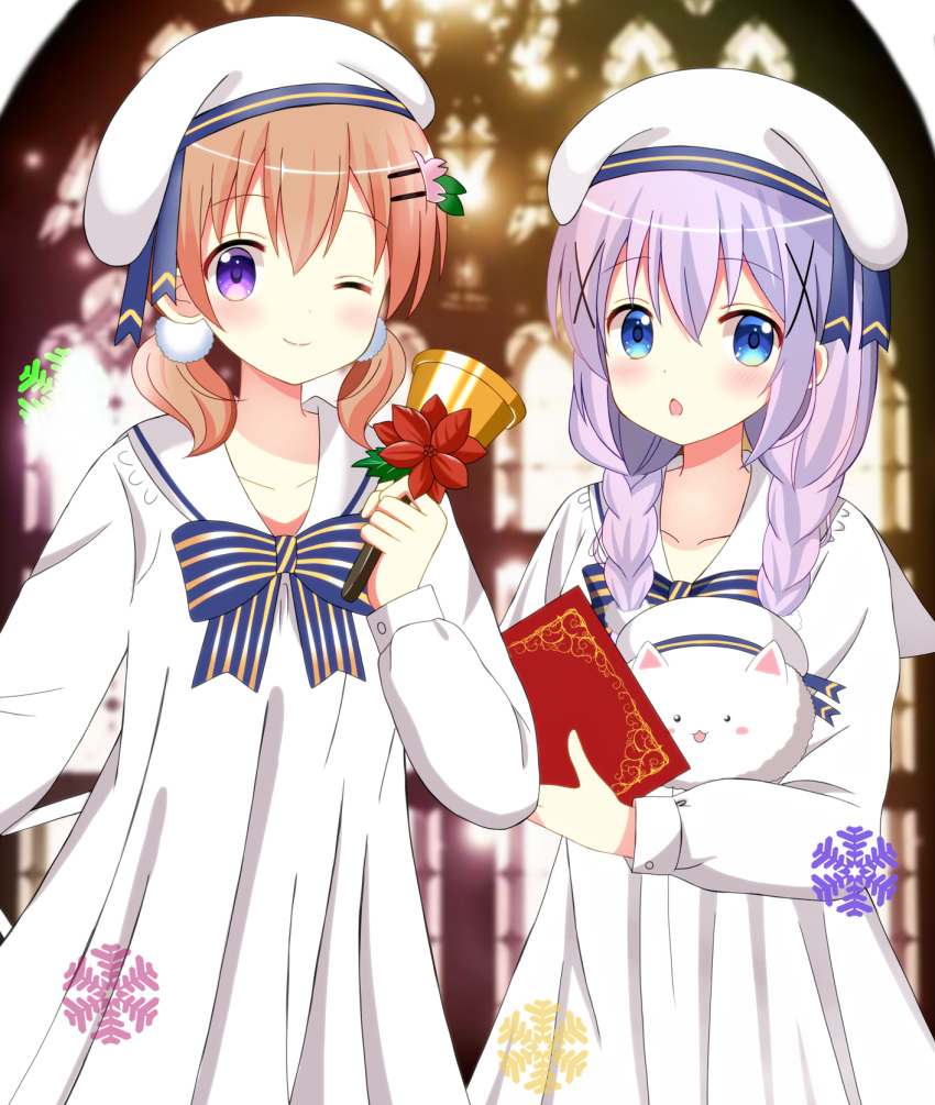 2girls :o ;) alternate_hairstyle angora_rabbit animal bangs bell blue_eyes blue_neckwear blush bow bowtie braid breasts chestnut_mouth closed_eyes closed_mouth collarbone collared_dress commentary_request dress eyebrows_visible_through_hair gochuumon_wa_usagi_desu_ka? hair_between_eyes hair_ornament hair_scrunchie hairclip hat highres holding holding_bell hoto_cocoa kafuu_chino light_blue_hair long_hair long_sleeves looking_at_viewer low_twintails matching_outfit multiple_girls one_eye_closed open_mouth orange_hair rabbit ryoutan sailor_collar scrunchie sidelocks small_breasts smile snowflakes striped_neckwear tippy_(gochiusa) twin_braids twintails upper_body violet_eyes white_dress white_hat white_scrunchie window x_hair_ornament