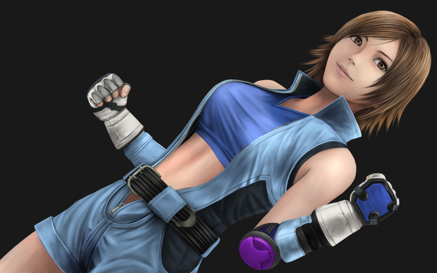 1girl belt blue_sports_bra breasts brown_eyes brown_hair center_opening clenched_hands fingerless_gloves gloves highres jumpsuit kazama_asuka large_breasts mr_color_way short_hair smile solo tekken unzipped