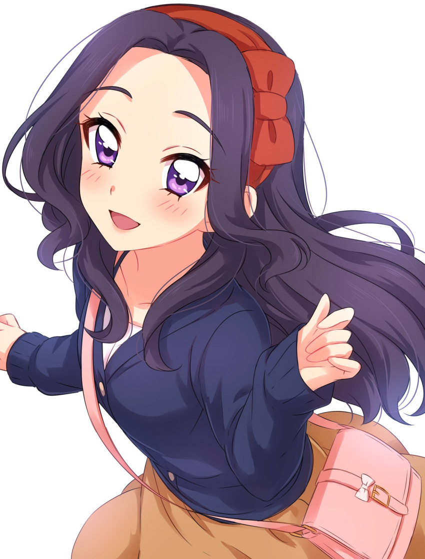 1girl :d aikatsu! bag blush bow cardigan eyebrows_visible_through_hair hair_bow hairband highres long_hair long_sleeves looking_at_viewer open_mouth orange_skirt purple_hair red_bow red_hairband sekina shirakaba_risa shoulder_bag simple_background skirt smile solo upper_body violet_eyes white_background