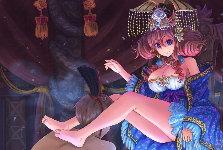 1boy 1girl bare_legs bare_shoulders barefoot blue_eyes breasts cleavage closed_mouth drill_hair feet hat highres large_breasts long_sleeves looking_at_viewer obi off_shoulder original redhead sash smile suikakitsu_shiro wide_sleeves xia_you_qing