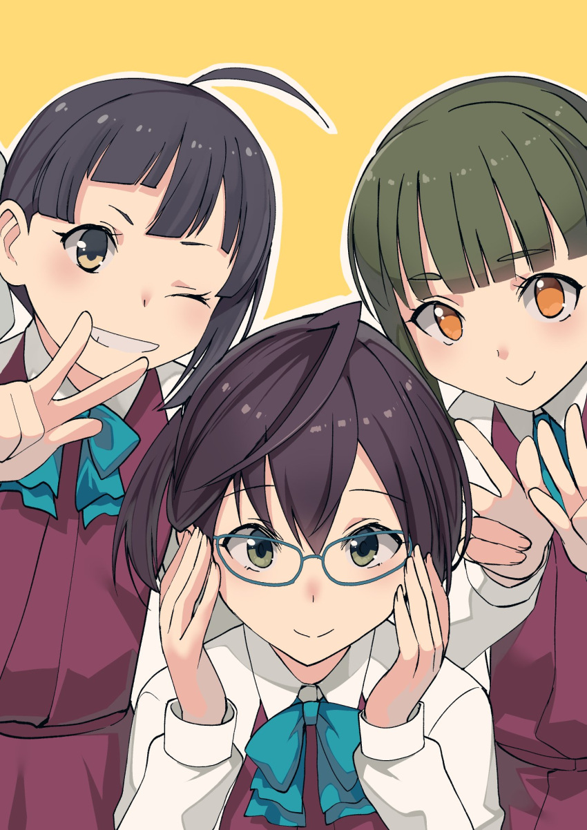 3girls ahoge aqua_neckwear blue-framed_eyewear bow bowtie brown_eyes brown_hair dress fujinami_(kantai_collection) glasses green_eyes green_hair grin highres kantai_collection long_hair long_sleeves masukuza_j multiple_girls okinami_(kantai_collection) one_eye_closed orange_eyes purple_dress purple_hair shirt short_hair simple_background sleeveless sleeveless_dress smile takanami_(kantai_collection) v white_shirt yellow_background